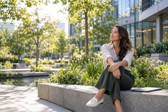 Office Professional Taking a Mindful Break Outdoors After Closing Laptop