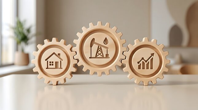 Illustrating the interconnectedness of housing energy and finance sectors these wooden gears symbolize the complex relationships driving modern economies and sustainable growth