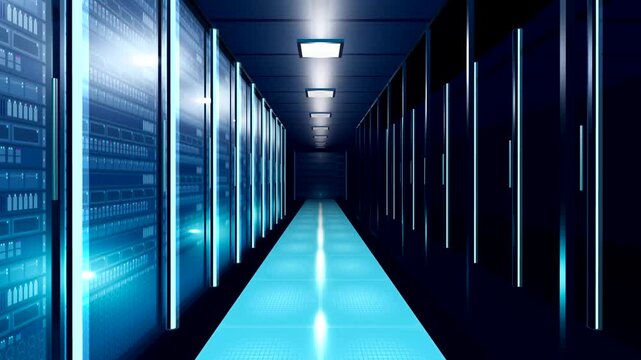 Modern Data Center Server Room Aisle Fly Through Loop with Glowing Blue Server Racks
