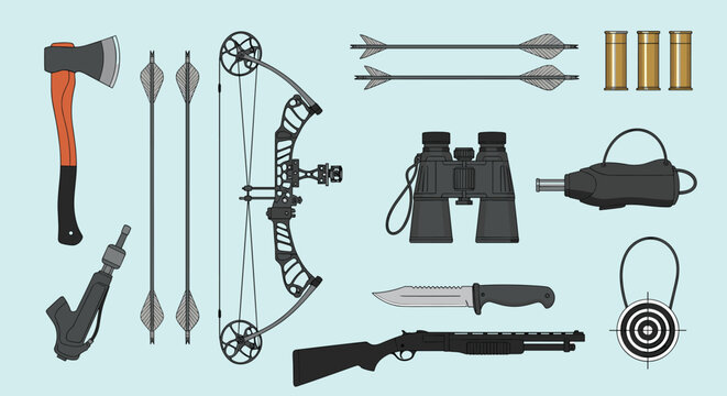 Flat vector set of hunting and survival equipment including a modern bow, shotgun, knife, binoculars, and axe.
