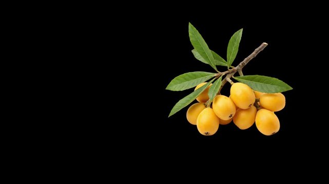 Fresh ripe loquat fruits on branch flying isolated on black background   