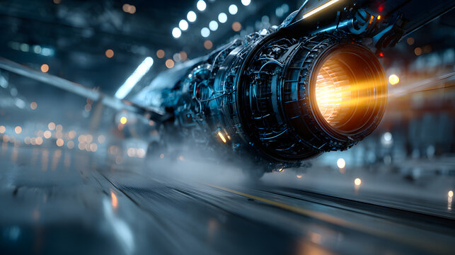 A futuristic jet engine with glowing elements and motion blur, emphasizing speed and technology in a dynamic, high-tech environment.