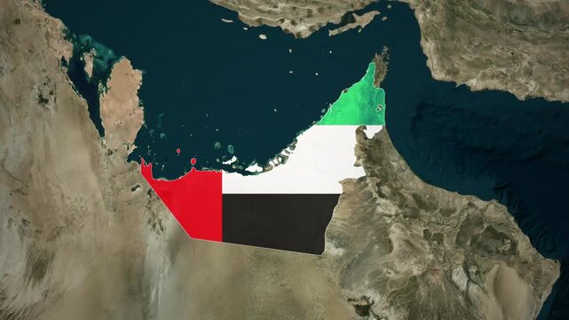 World map animation highlighting united arab emirates with national flag and satellite geography view