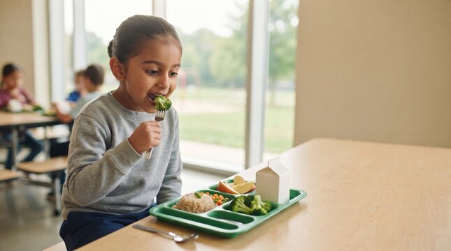 Elementary student eating healthy lunch in school cafeteria