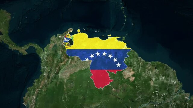 World map animation highlighting venezuela with national flag and satellite geography view