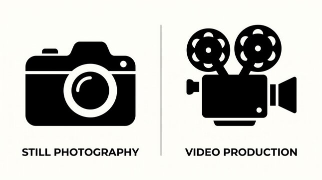 Still Photography and Video Production, a sleek black and white icon set for creative media services, film, and camera work