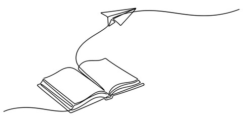 Paper plane flying over open book in continuous line style for educational branding creative writing or study concepts. © etiy