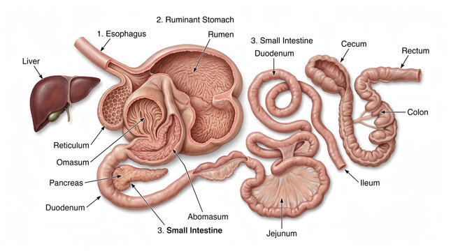 Detailed Diagram Cow Ruminant Digestive System Anatomy