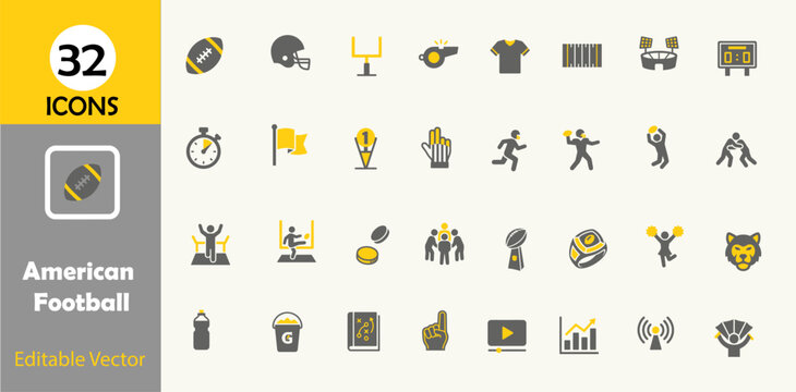 Comprehensive collection of American football vector icons illustrating the sport's equipment players, positions and game elements for various digital and print