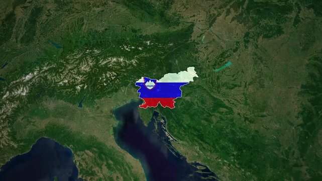 World map animation highlighting slovenia with national flag and satellite geography view