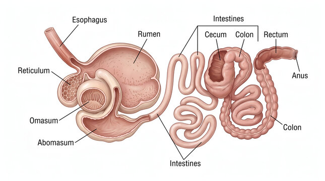 Ruminant Digestive System Anatomy Diagram Cow Stomach and Intestines
