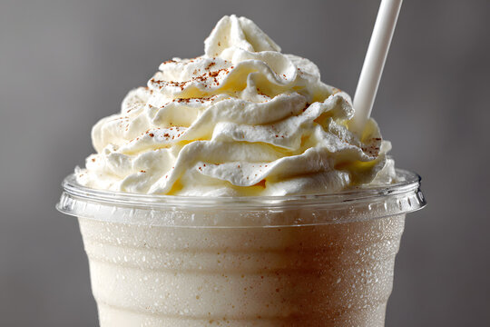 Close-up of a vanilla milkshake served in a clear plastic cup with a lid and straw, high detail and white backdrop