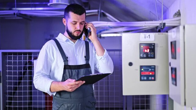 Attentive technical worker communicates via smartphone, reviewing data on a clipboard in an industrial control room, standing near complex control panels, wearing work overalls.