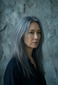 Healthy aging and wisdom, portrait of a mature woman with long gray hair looking at camera with confidence and natural beauty in a minimalist studio
