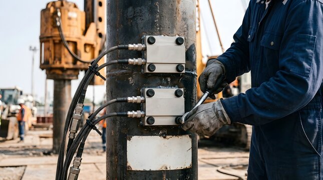 Worker tightening sensor box bolts on steel foundation pile with ratchet wrench