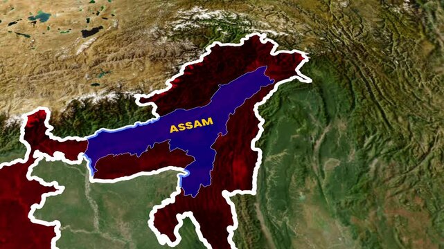 Animated geographical map of India zooming into the state of Assam with highlighted borders and country region labels for educational and presentation videos