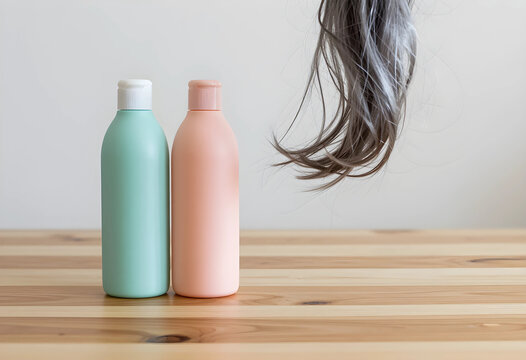 Hair care and beauty routine, shampoo and conditioner bottles with gray hair strand for aging and wellness concept on a wooden table