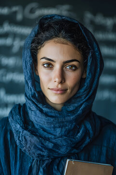 Portrait of young adult Middle Eastern woman wearing hijab looking into camera, holding notebook standing in front of chalkboard with English grammar sentences in language school classroom