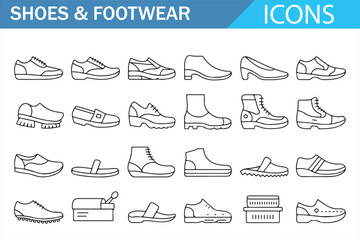 Obraz premium Fashion Footwear Icons, Sneakers Boots Casual Shoes and Sportswear Line Art Collection