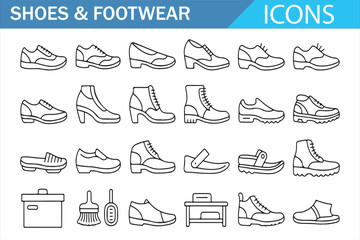 Obraz premium Footwear Design Icons Set, Sports Shoes Boots Sneakers and Fashion Shoes Collection