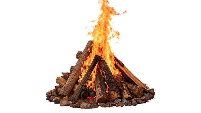 Cozy outdoor burning campfire bonfire with wooden logs and flames bright isolated on transparent background