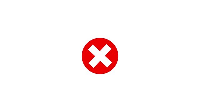 Red cross mark cancel animated icon featuring white X symbol inside red circle. Perfect for UI design, video editing, rejection, error, wrong choice and cancel motion graphic on white background.