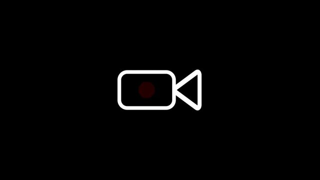 Animated video camera icon with blinking red recording dot on black background. Motion graphic for live stream, video camera symbol, REC indicator, media player UI, and overlay asset.
