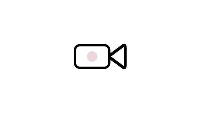 Animated video camera icon with blinking red recording dot on white background. Motion graphic for live stream, video camera symbol, REC indicator, media player UI, and overlay asset.
