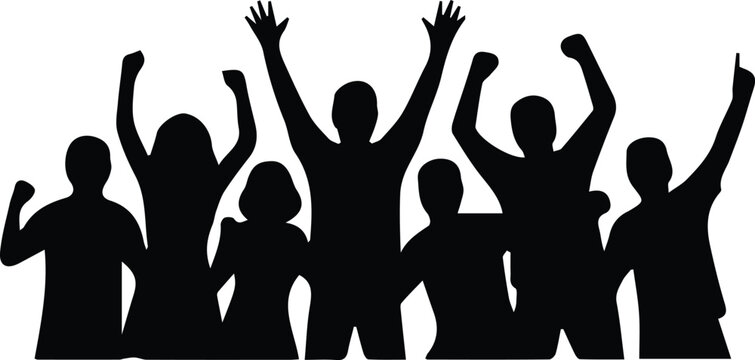 Group of cheering people silhouette with hands raised crowd silhouette joyful crowd raised arms active people winning team excited crowd human group positive energy people gathering fan base