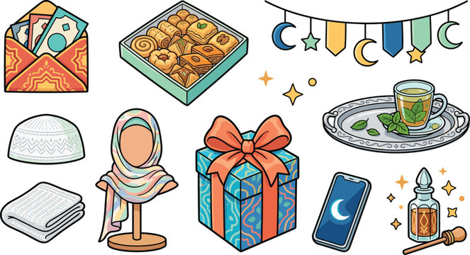 Cute Ramadan and Eid Mubarak Vector Clip Art Element Set with Traditional Baklava Sweets Gift Box Hijab Eidi Money and Mint Tea Icons for Festive Designs