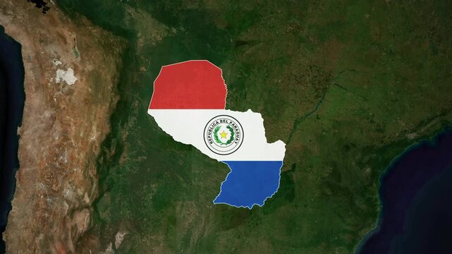 World map animation highlighting paraguay with national flag and satellite geography view