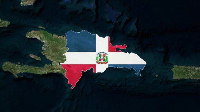 World map animation highlighting dominican republic with national flag and satellite geography view