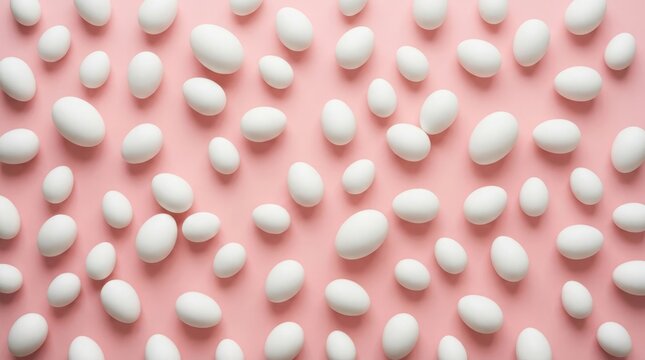 A delightful arrangement of colorful pastel easter eggs displayed on a soft pink backdrop for springtime festivities