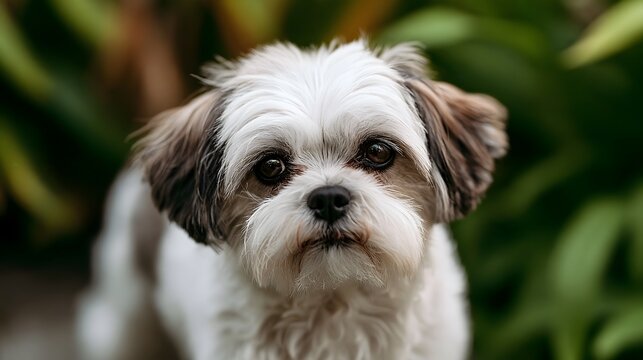 A small fluffy white and brown dog with big dark eyes looking directly at the in a green outdoor setting