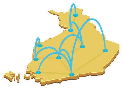 3D illustration symbolizing Finnish communication network, logistics routes, travel connections, and domestic transport on a golden map of Finland (cut out)