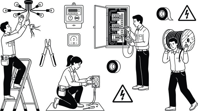 Electricians installing lights wiring outlets and checking breaker box vector line art icon set for home maintenance service