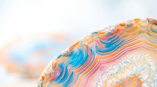 Banded chalcedony crystal slice in soft pastel colors and light background  