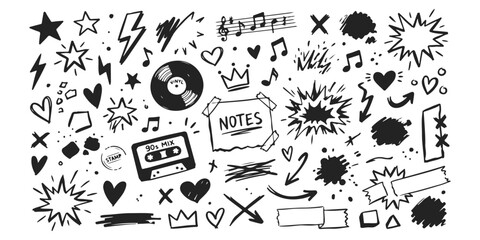 Set of hand drawn comic book speech bubbles and explosion elements with sound effects © md