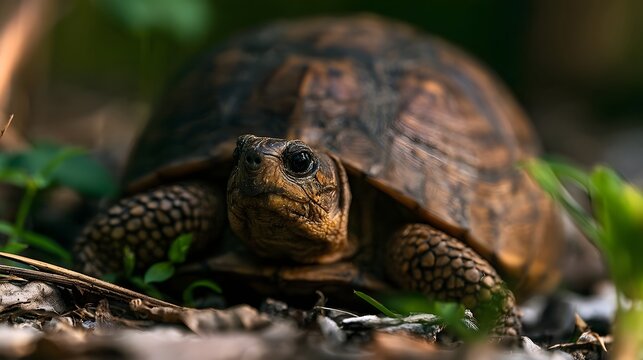 A close up of a tortoise with detailed shell and textured skin  resting among green foliage and dry leaves in natural habitat