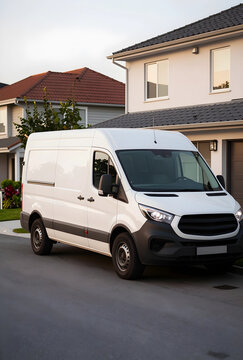Logistics and delivery service, white cargo van parked on residential street for home package shipment and courier transport in suburban neighborhood