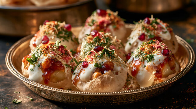 Dahi puri featuring crisp shells filled with potatoes and chickpeas, creamy yogurt, chutneys, sev, and pomegranate.