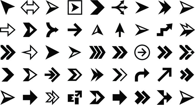 A large collection of various black arrow icons shown in a grid pattern indicating direction and motion