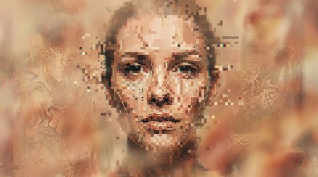 A woman's face is artfully deconstructed into colorful abstract shapes and textured geometric blocks creating a fragmented portrait