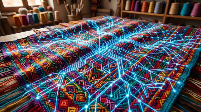 Digital fusion craft background for marketing and logo design vector concept featuring woven textile patterns with neon data flow connectivity