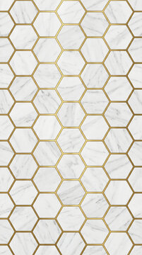 Elegant white marble texture background with a luxurious gold geometric hexagon pattern.
