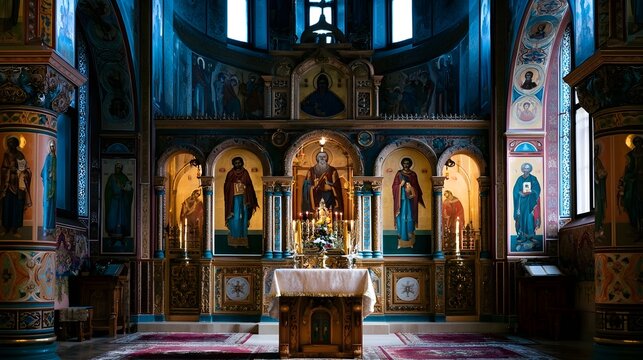 An ornate Orthodox church interior with golden icons  arched niches  and richly decorated walls under soft natural light