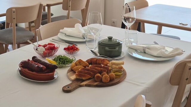 Elegant table setting for two with a traditional Portuguese lunch featuring salad, tomato, green beans, rice, chouri&ccedil;o, croquettes, cod fritters, bread and olive oil.
