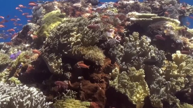 Rocky Reef Outcrop Covered with Coral and Marine Growth on the Reef. The camera frames a coral-covered reef feature rising from the seabed, with fish and open water visible around it.