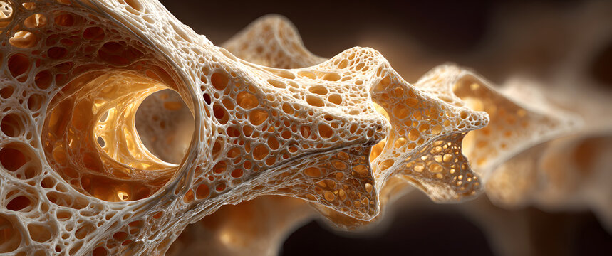 3D cross-section of human bone structure with varying density. Comparison of healthy bone, osteopenia, osteoporosis. Porous trabecular tissue anatomy, skeletal system, medical education, healthcare