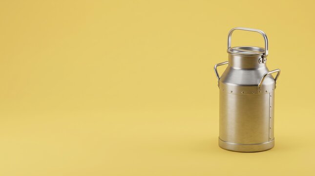A metallic milk can with a handle stands upright on a solid yellow background